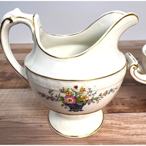 Vintage W H Grindley & Co England Carlton Shape Handled Sugar Bowl & Creamer - Picture 3 of 8